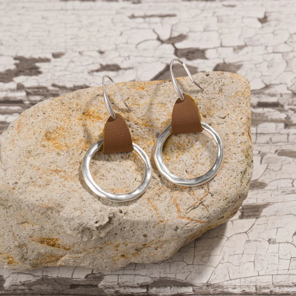 Simple Fashion Brown Leather Stitching Round Ring Earrings