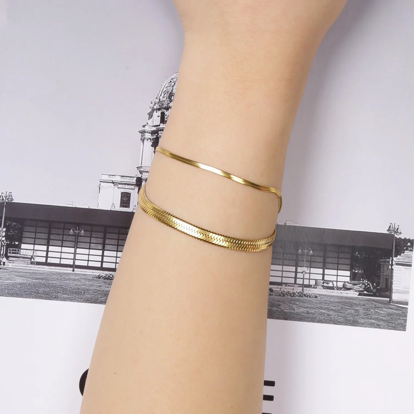 Simple Steel Peptide 18K Gold Plating Chain Like Flat Snake Bracelet