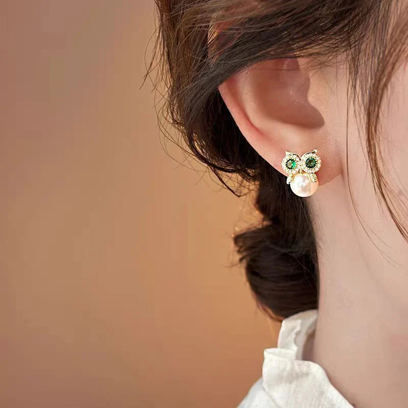 Owl Zircon Pearl Stud Earrings Female Design